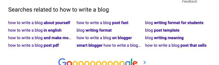 Google search that says Searches related to how to write a blog